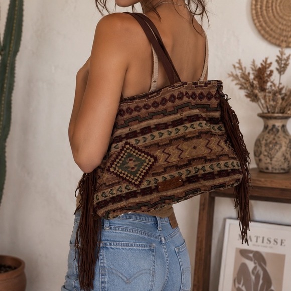 Lucky Brand Handbags - Lucky Brand Southwestern Tapestry Fringe Tote Bag Boho Western Carpet Bag jj